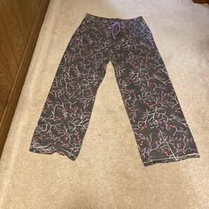 CuddlDuds Women’s Large Wide leg pj pants grey with purple and little birds
